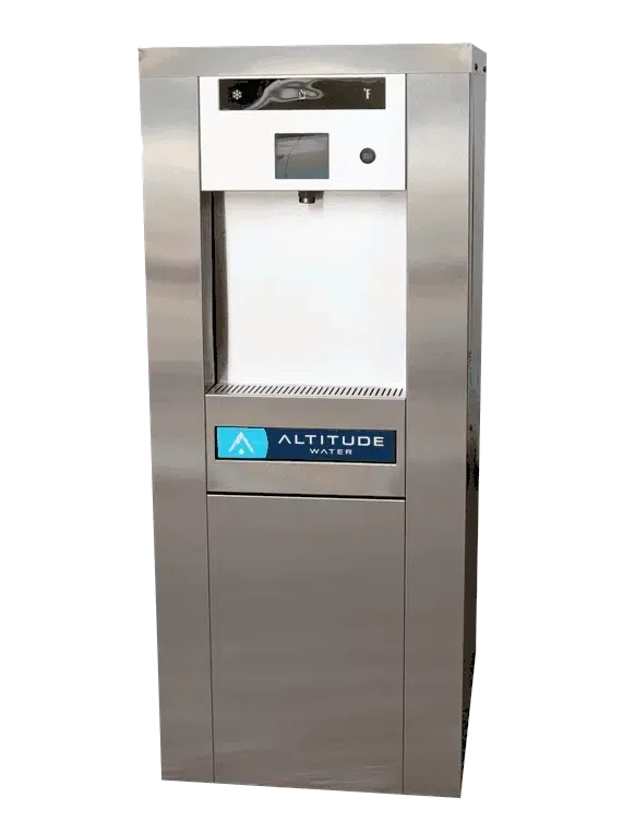 Stainless steel Altitude Water atmospheric water generator, with the dispenser and brand plate on the front.